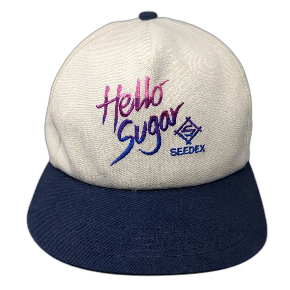 K-Products 5 Panel White Blue OS Vintage Hello Sugar Seedex Leather Strap Hat